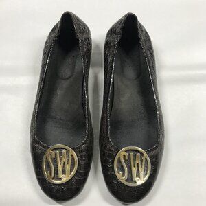 Stuart Weitzman Shoes Womens Black Croc Embossed Logo Ballet Flats Gold Tone